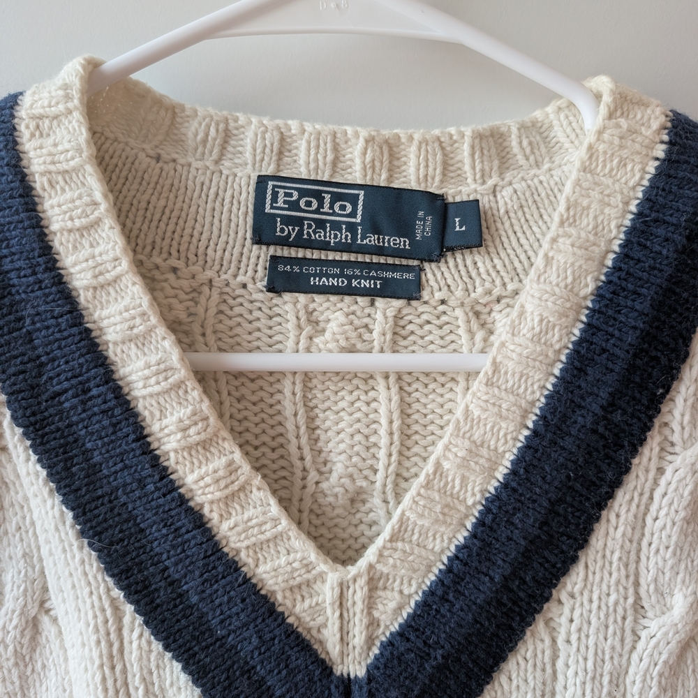 HAND KNIT - Ralph Lauren Cream Cable V-Neck Sweater Vest with Navy Trim - Picture 2 of 5
